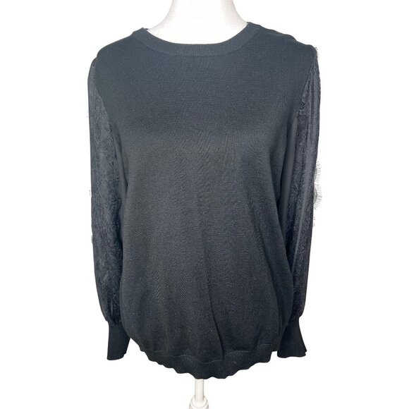 Adrianna Papell Tops - Adrianna Papell Black Lace Trim Woven Sleeve Ruffle Neck Womens Sweater Size M